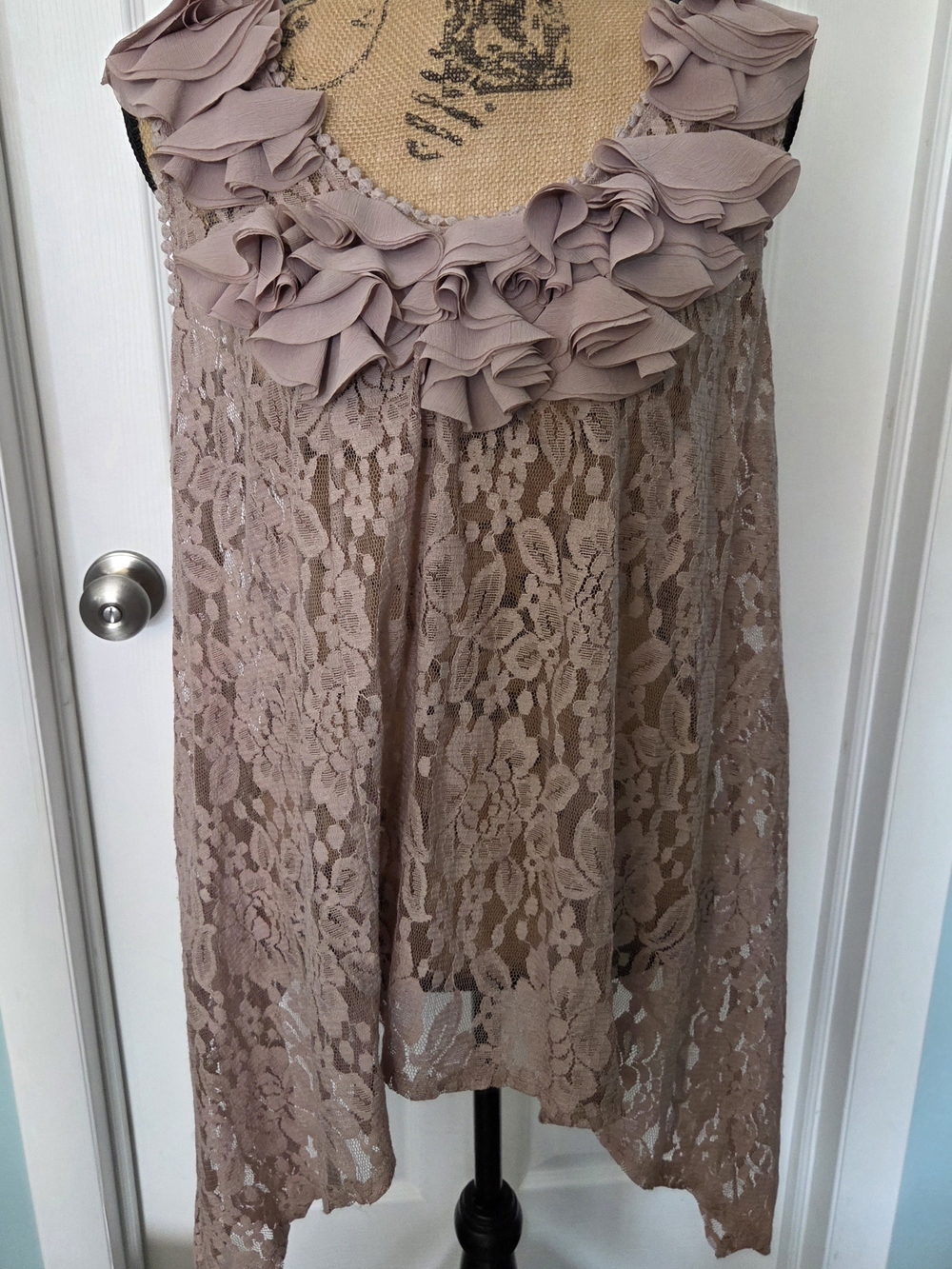 Coquette Double Zero Sheer Lace Floral Applique Blouse Top Dusty Mauve M